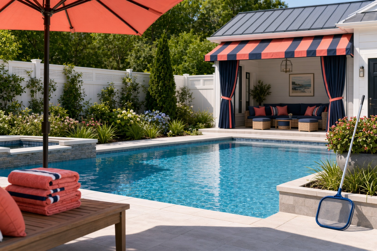 Illustration of a clean backyard swimming pool with calm water, a cabana with navy-and-coral striped awning, and a poolside service kit